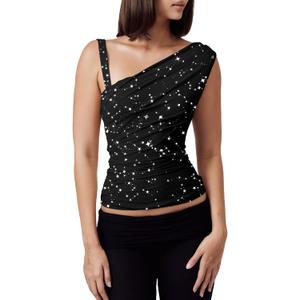 Women One Shoulder Top Ruched Mesh Crop Tank Slim Fit Shirt Glitter M