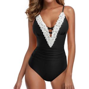 SUUKSESS Women Sexy Lace V Neck One Piece Swimsuit Tummy Control Bathing Suit (Small, 64 Black)