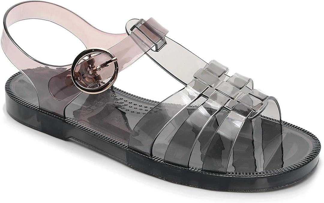 Toddler Sandals Jelly Shoes Girls Unisex Boy Flat Retro Slides Clear Kids Water Slippers Slingback Summer Beach Size 8 Adjustable Buckle Glitter Dress Soft (Black)