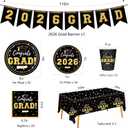 2 x Graduation Decorations 2026 Disposable Black Graduation Tableware Kit for 25 Guests Plates Napkins Cups Tablecloth Hanging Graduation Party Decorations 2026