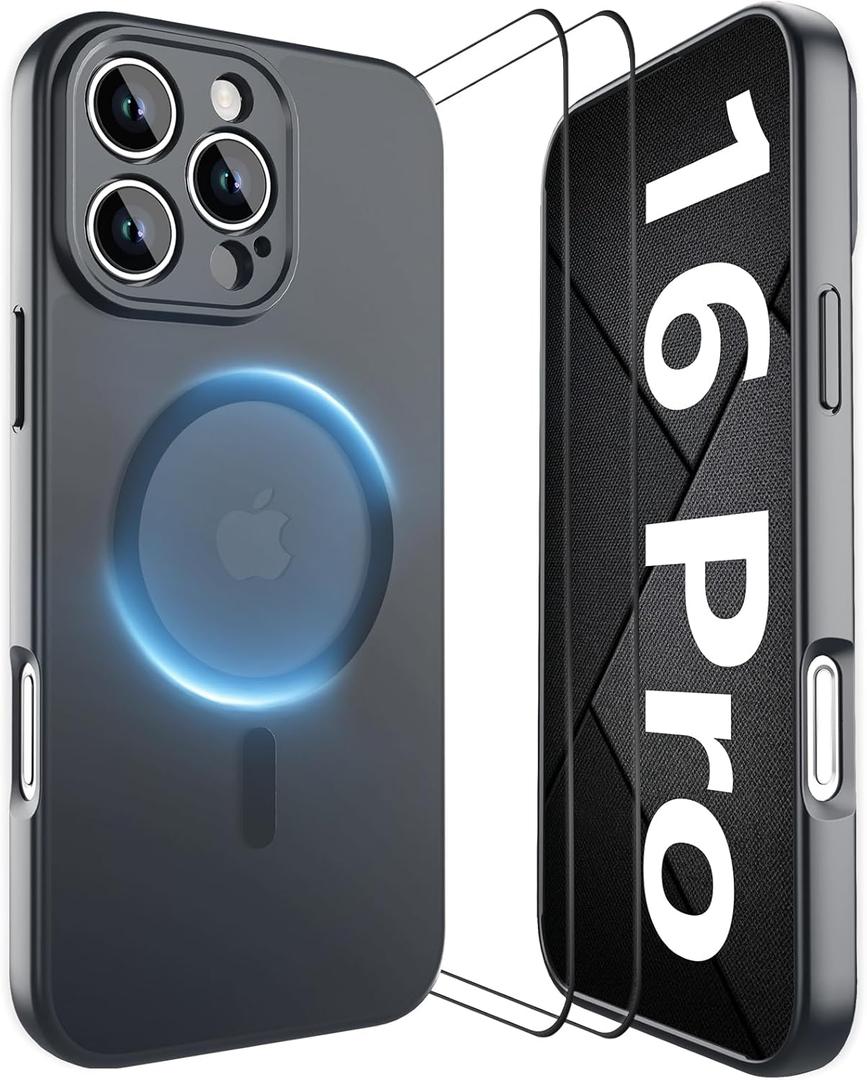 YFEMLAZ Magnetic for iPhone 16 Pro Case,with Screen Protectors X2,Full Camera Protection,Compatible with MagSafe,Translucent Matte,Anti-FingerprintShockproof Protective Phone Case,6.3",Black