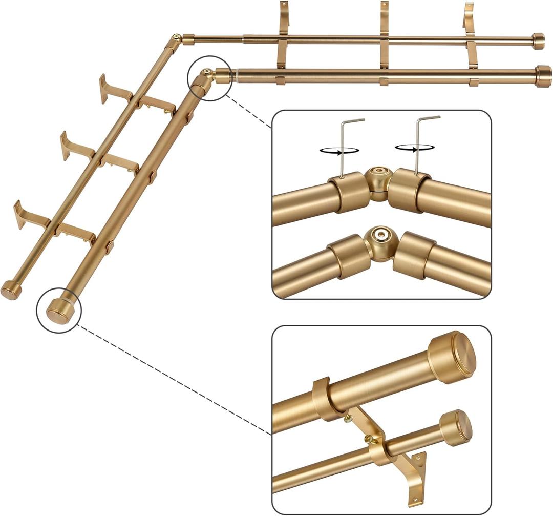 Warm Gold Double Corner Window Curtain Rods with Aluminum End Cap Finials and Brackets,1 Inch Diameter Dual Bay Window Curtain Rods, Adjustable 2 Sided 36-72 Inch Double Drapery Rod
