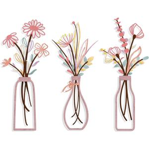 Pigort 3 Pieces Metal Flowers Wall Arts - Rustic Farmhouse Style Décor Metal Wall Art Black Minimalist Flower Natural Themed Wall Decors for Home Bedroom Dining Room Housewarming (Pinkish)