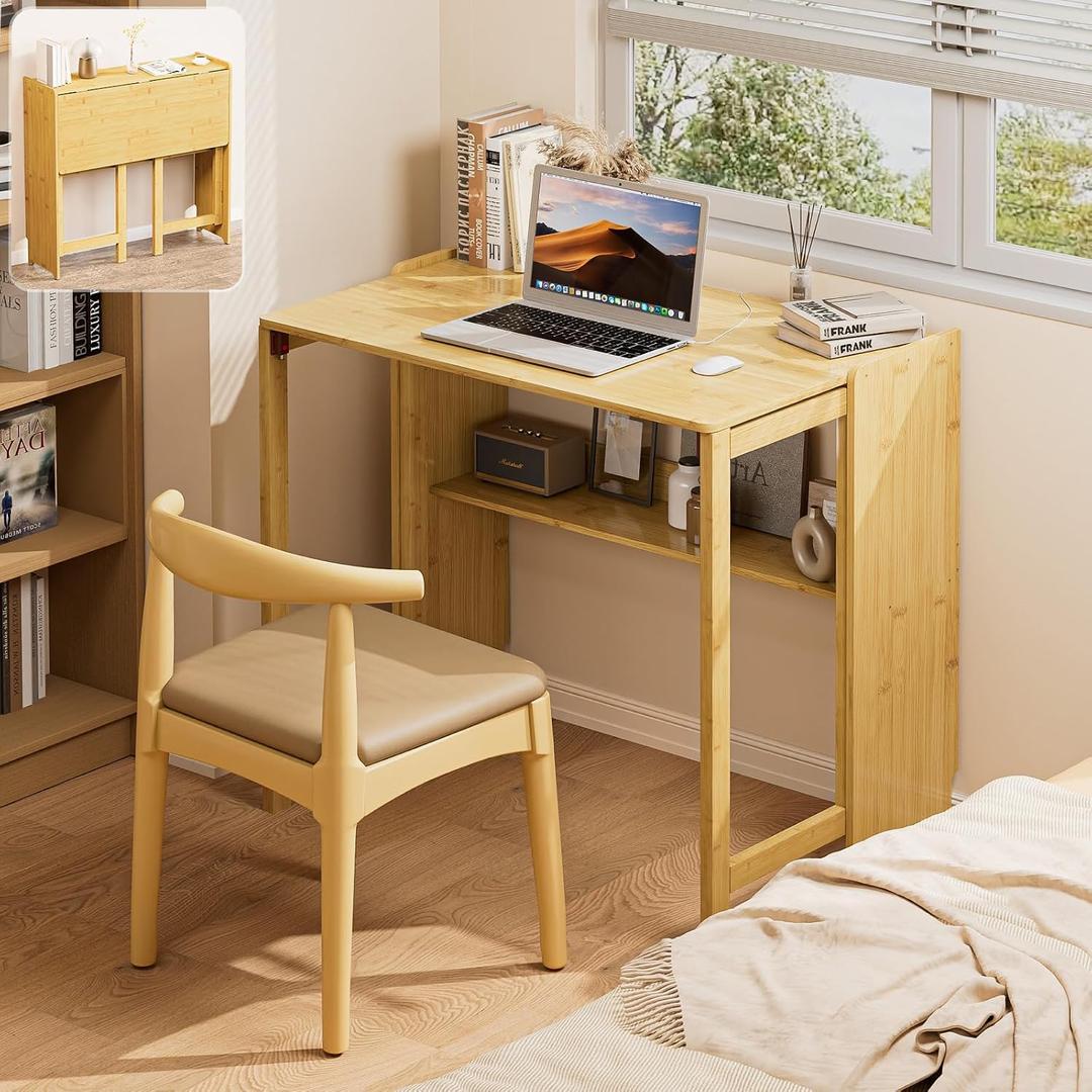 Bamboo Folding Desk for Small Spaces, Small Computer Foldable Desk, Natural, 32.28"Wx21.3"Dx29.92"H