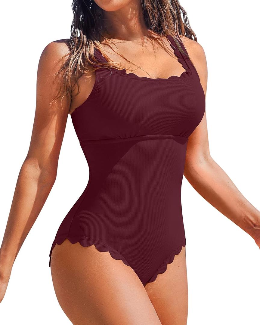 Charmo Womens Scalloped Ribbed One Piece Swimsuits Retro Square Neck Modest Bathing Suits (Large, Burgundy)