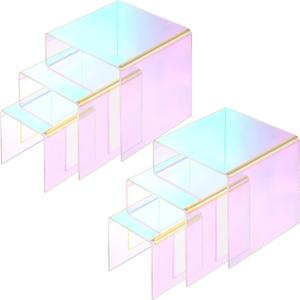 Chuangdi 2 Sets Acrylic Display Risers, Product Stand, Jewelry Display Riser Shelf Showcase Fixtures for Dessert Cupcake Candy Figure Treat Action Showcase(Rainbow Color,Medium Set)