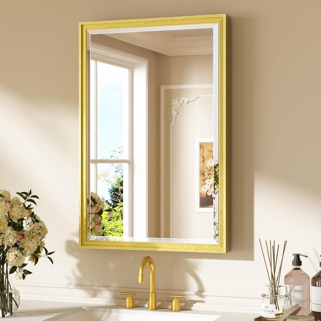 Keonjinn 20" x 30" Gold Bathroom Mirrors for Over Sink, Decorative Aluminum Alloy Frame, Beveled Tempered Glass, Shatterproof, Rectangle Transitional Gold Vanity Mirror for Wall(Vertical/Horizontal)