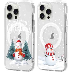 2 Pack Christmas Clear Magnetic Phone Case for iPhone 15 Pro Max 6.7", Compatible with Magsafe, Cute Cover with Red Xmas Snowman Snowflake Pattern Shockproof Soft Silicone Cover for Girl Women