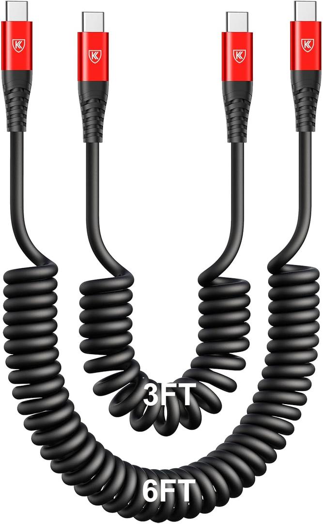 KIYODA Coiled USB C Cable for Car 3FT & 6FT, USB C to USB C Fast Charging Cable USB Type C Cord Compatible with iPhone 17/16/15/Plus/Pro/Pro Max/MacBook Pro 2020/iPad Pro 2020/Samsung Galaxy S23-Red