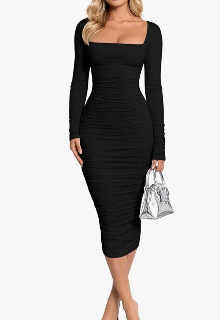 BEAGIMEG Women's Sexy Bodycon Long Sleeves Ruched Square Neck Party Club Midi Dress, Medium