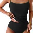 Eomenie Women's Tankini Swimsuits Two Piece Tummy Control Bathing Suit Color Block Slim Swimwear with High Waisted Bottom (Large, Black Green)