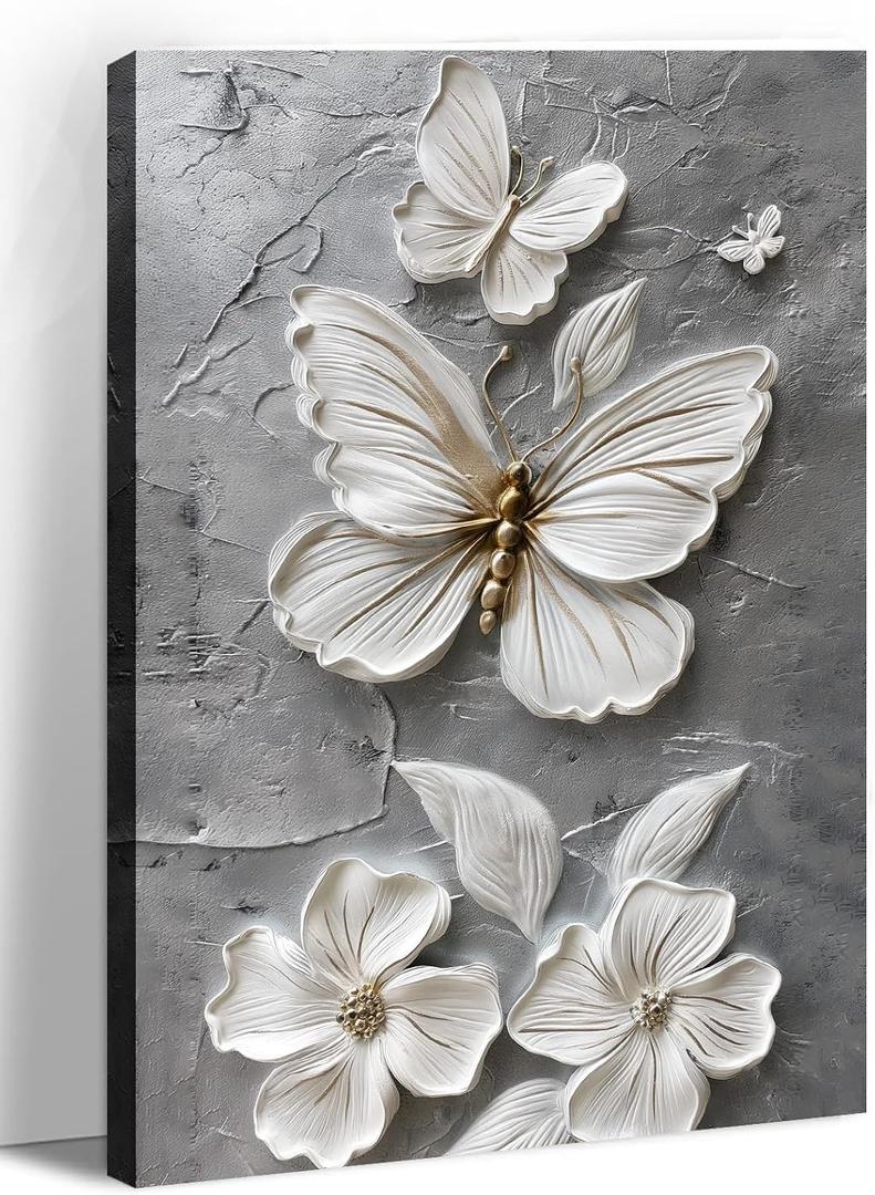 Canvas Wall Art Butterfly Wall Decor White Flower Picture Gray Poster Animal Painting Prints for Office Living Room Bedroom Bathroom Home Decor Framed(Art-2,16.00x24.00 inch)