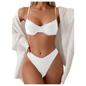 SweatyRocks Women's 2 Piece Bikini Set Spaghetti Strap High Cut Push Up Underwire Swimsuit White Small