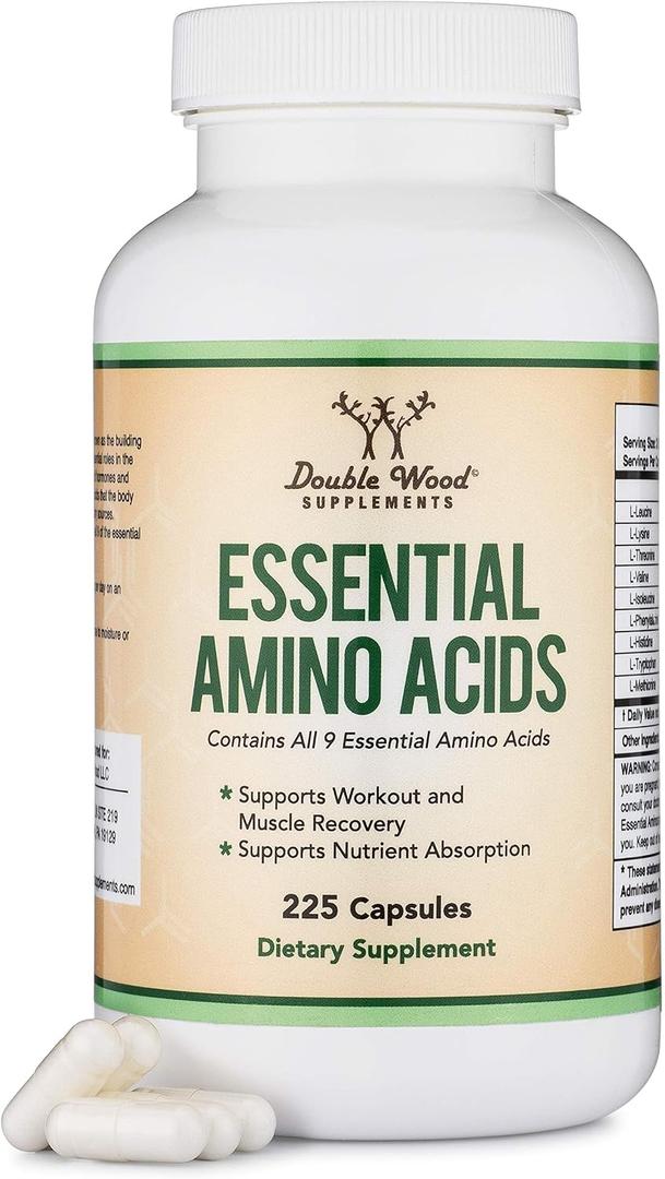 Essential Amino Acids - 1 Gram Per Serving Powder Blend of All 9 Essential Aminos (EAA) and All Branched-Chain Aminos (BCAAs) (Leucine, Isoleucine, Valine) 225 Capsules, Gluten Free by Double Wood (exp date: 10/2027)
