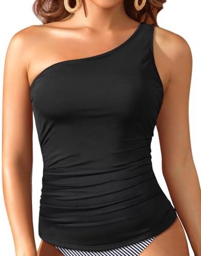 Tempt Me Tankini Tops for Women One Shoulder Swim Swimsuit Top Only Ruched Tummy Control Bathing Suit M