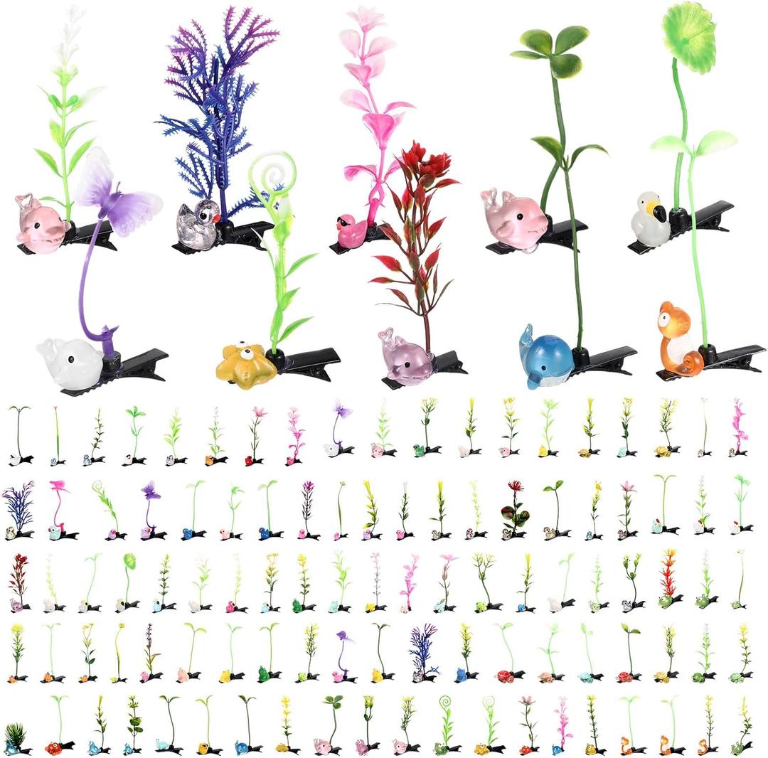 Tigeen 100 Pcs Rave Trinkets Festival Sprout Hair Clip Duck Mushroom Bean Sprout Clips Plant Flower Hairpins Funny Mixed Style Hair Accessories Halloween Christmas Valentines Party (Animal)
