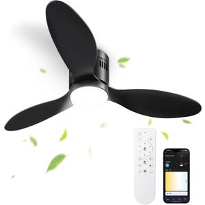 Ceiling Fans with Lights and Remote/APP Control,52" Flush Mount Ceiling Fan with Quiet Reversible Motor, 6 Speeds, 3 Colors Dimmable,Timing,Memory Function for Bedroom Office Home (52 inch, Black)