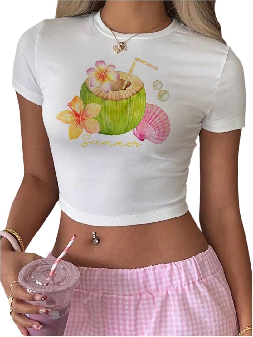 Women's Graphic Bow Short Sleeve Crewneck Crop Tops Slim Fit Y2K Cute T Shirts (White and Green, S)