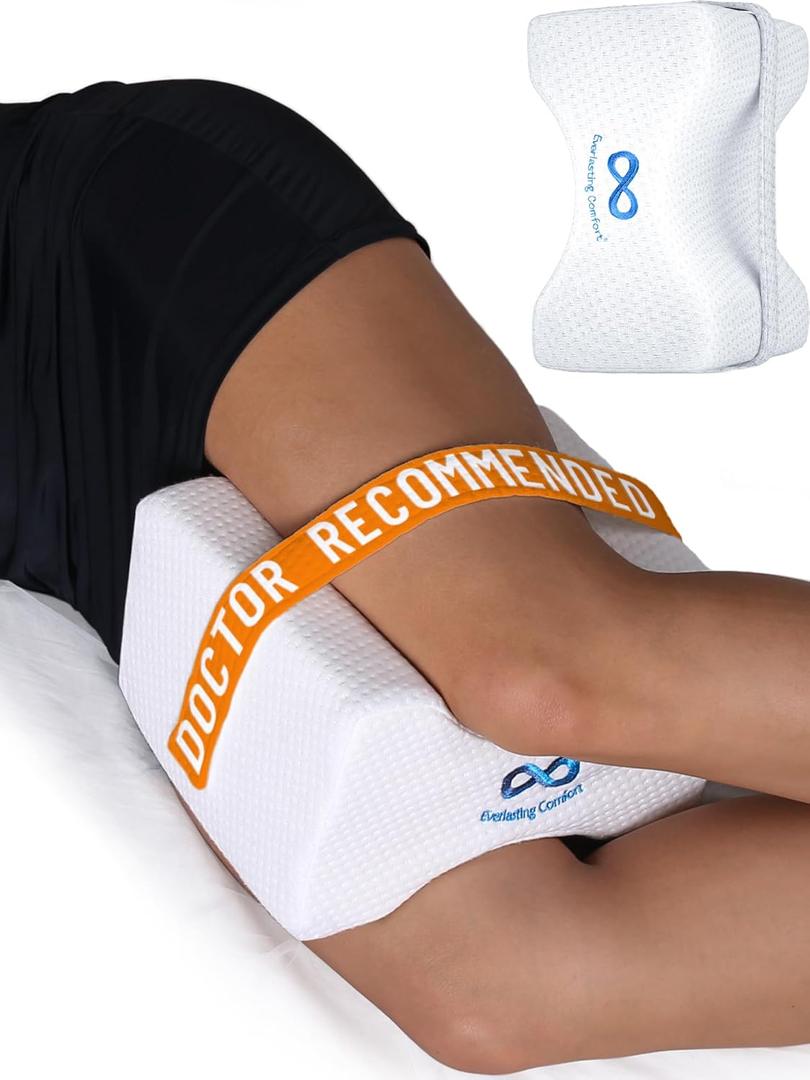 Everlasting Comfort Memory Foam Leg & Knee Pillow for Side Sleepers - Sciatica Pain Relief Leg Pillow for Side Sleeping - Adjustable Strap (White)