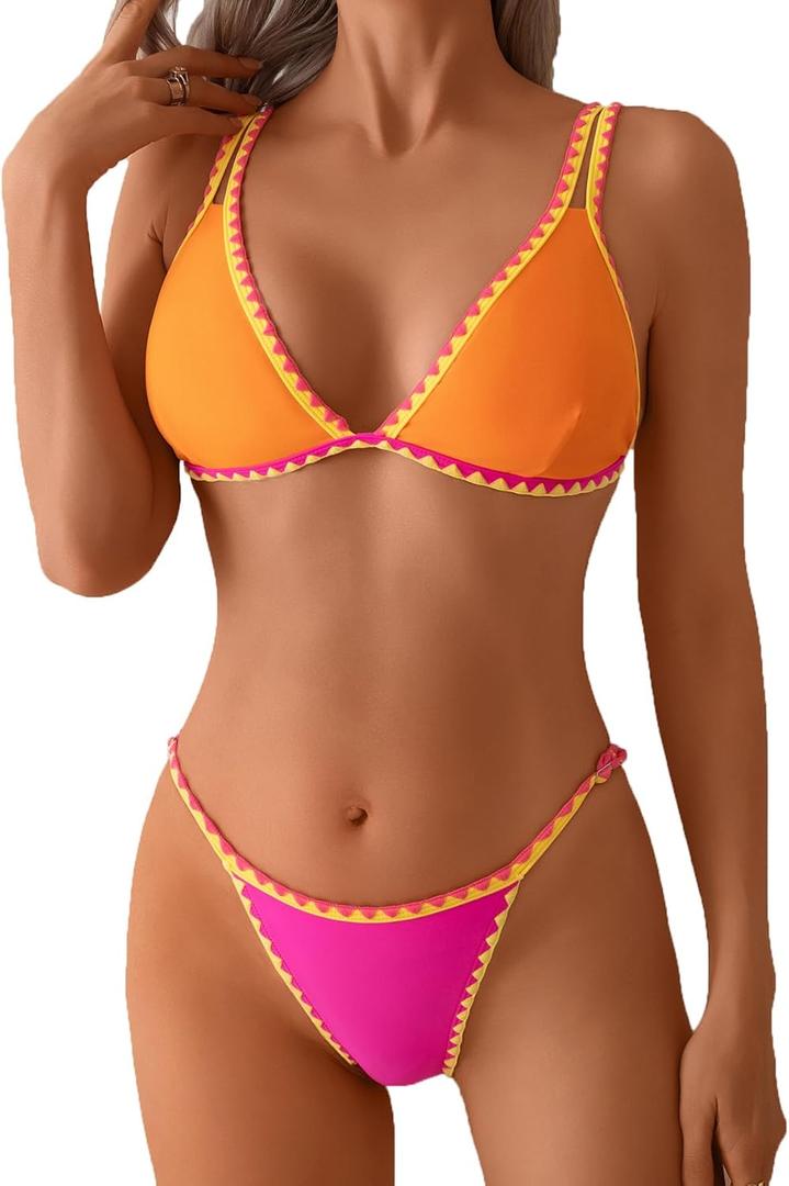 SherryDC Women's Sexy Color Block Bikini Sets High Cut Thong Two Piece Swimsuit Self-tie Bathing Suit (190-rose+orange) M