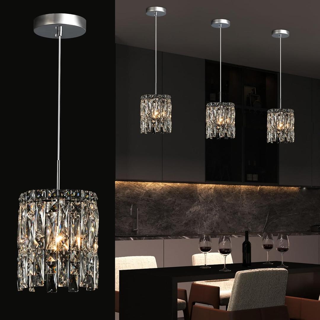 Modern K9 Crystal Pendant Lights Kitchen Island, Chrome Chandeliers for Dining Room Light Fixtures Over Table,Hanging Lighting for Kitchen Island Entryway Bathroom BedHead Chandelier (1-Light D 6.7")