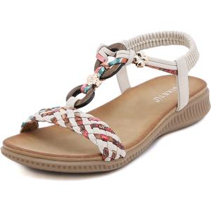 Unifizz Women's Summer Sandals Comfortable T-Strap Flower Beaded Classic Flat Elastic Sandals Dress Shoes for Outdoor Beach Wedding (8)