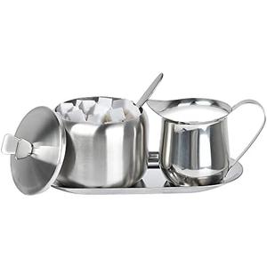 Sugar and Creamer Set, Coffee Serving Set, Stainless Steel Latte Milk Cup Cream Jug and Sugar Bowl with Lid and Spoon Tray Server for Coffee Tea Pepper Spices
