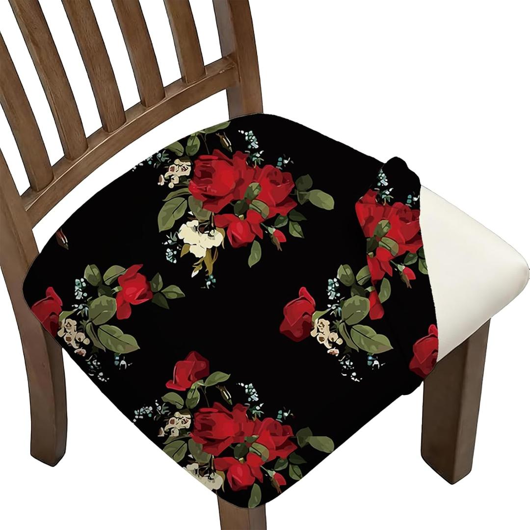 Stretch Dining Chair Seat Covers Set of 2,Dining Chair Slipcovers, Floral Printed Chair Covers,Soft Fabric Washable Upholstered Chair Seat Protector, No Rear Covers for Home Kitchen Dining Room
