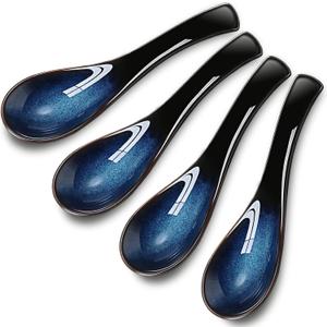 Geiserailie 4 Pieces Asian Ceramic Soup Spoons Set Long Handle Chinese Spoons Retro Blue Japanese Ramen Bowl Soup Spoon Suitable for Gravy, Cake, Oatmeal, Dumplings