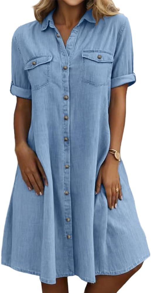 chouyatou Women's Summer Short Sleeve Denim Shirt Dress Business Casual Button Down Midi Long Jean Dress (Medium, Light Blue) 
