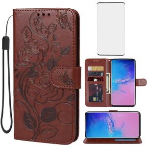 Case for Galaxy S20 Ultra 5G/Samsung S20 Ultra SM-G988U Wallet Case with Tempered Glass Screen Protector, Flower Leather Flip Credit Card Holder Stand Cover for Samsung Galaxy S20 Ultra Brown