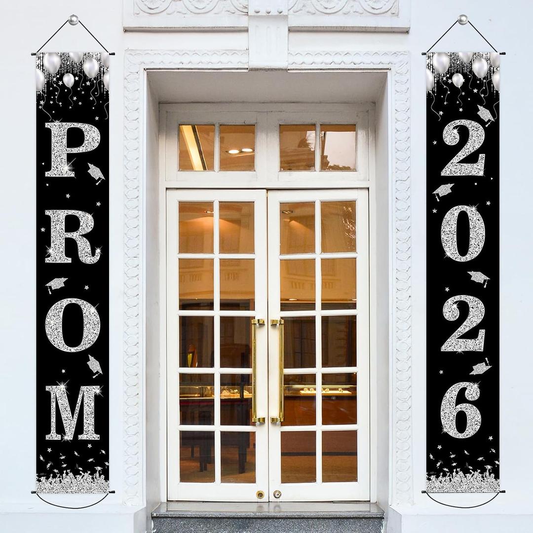 Prom Night Porch Sign Prom 2026 Graduation Party Decoration Black Silver Banner Congrats Class of 2026 Party Decoration Supplies for High School College Graduation Celebration Favors(70.87*11.81inch)