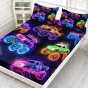 AILONEN Monster Truck Fitted Sheet Set Twin Size,Cartoon Neon Truck Kids Bedding Set 3-Piece,Galaxy Themed Colorful Fitted Sheet with 2 Pillowcases