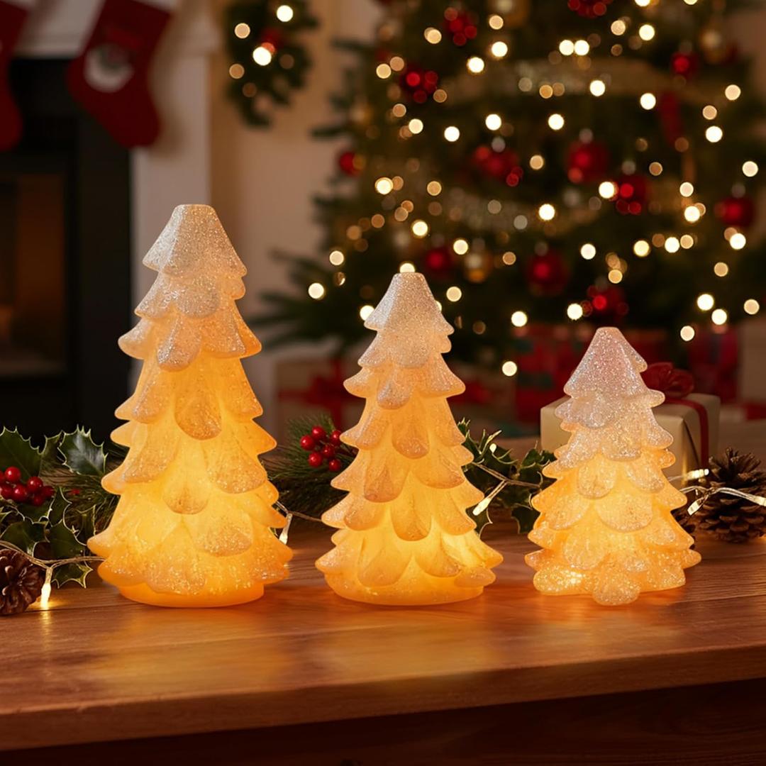 3Pcs Christmas Tree Candles with Remote Timer, Flickering Real Wax LED Flameless Candles Battery Operated for Xmas Winter Dcor, White Glittering