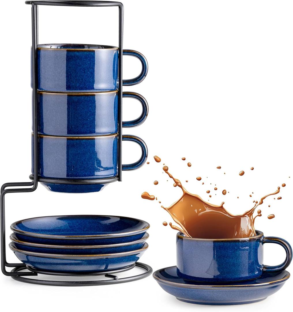 Gomakren 6 Ounce Cappuccino Cups with Saucers and Metal Stand, Stackable Coffee Cup Set of 4, Christmas Porcelain Espresso Cups for Coffee Drinks, Cappuccino, Latte, Americano, Tea, Cobalt Blue