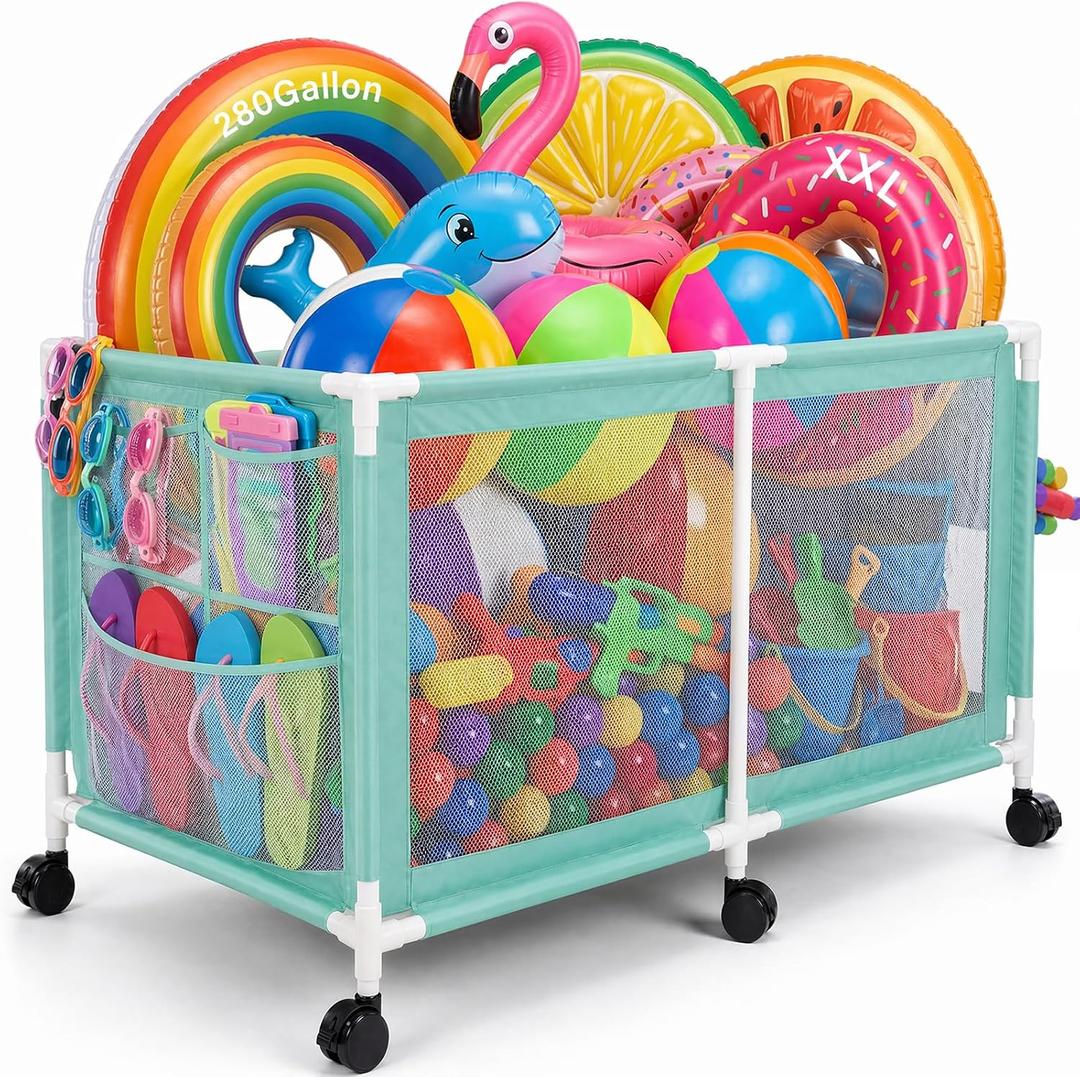 280 Gallon 69" Pool Storage Bin XXL Extra Large Swimming Pool Float Storage Bin, Pool Noodles Holder, Toys, Floats, Balls and Floats Equipment Mesh Rolling Bin for Garden Lawn, 69" Lx32 Wx35 H