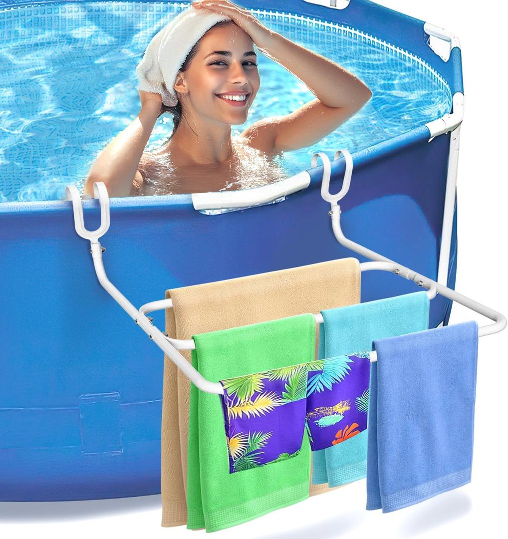 Pool Towel Rack Poolside Towel Rack Outdoor, Above-Ground Swimming Pool Accessories, No Drill Hanging 3 Bar Metal Towel Holder Drying Rack Fits Most Frame Pools with 2" - 3'' Top Rail (White)