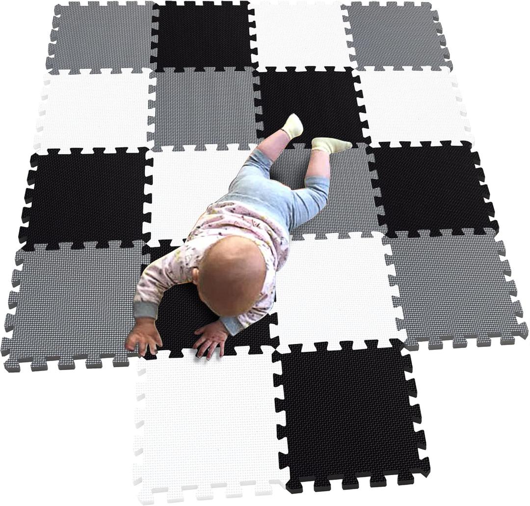 MQIAOHAM 18 Pieces Puzzle Play Mats, Soft Baby Play Mat, Kids Interlocking Foam Floor Tiles, Toddlers Carpet Playmats G301018-101104112 (871721cm, White Black Grey)