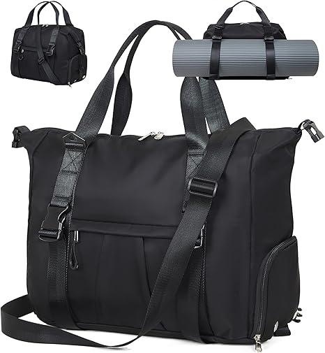 ERTUNA Gym Bag with Yoga Mat Holders, Carry On for Pilates Women & Men with Laptop & Shoe Compartment Large Duffle Travel Weekender Tote with Key Ring Clip Personal Item Workout, Easy to Clean  Black