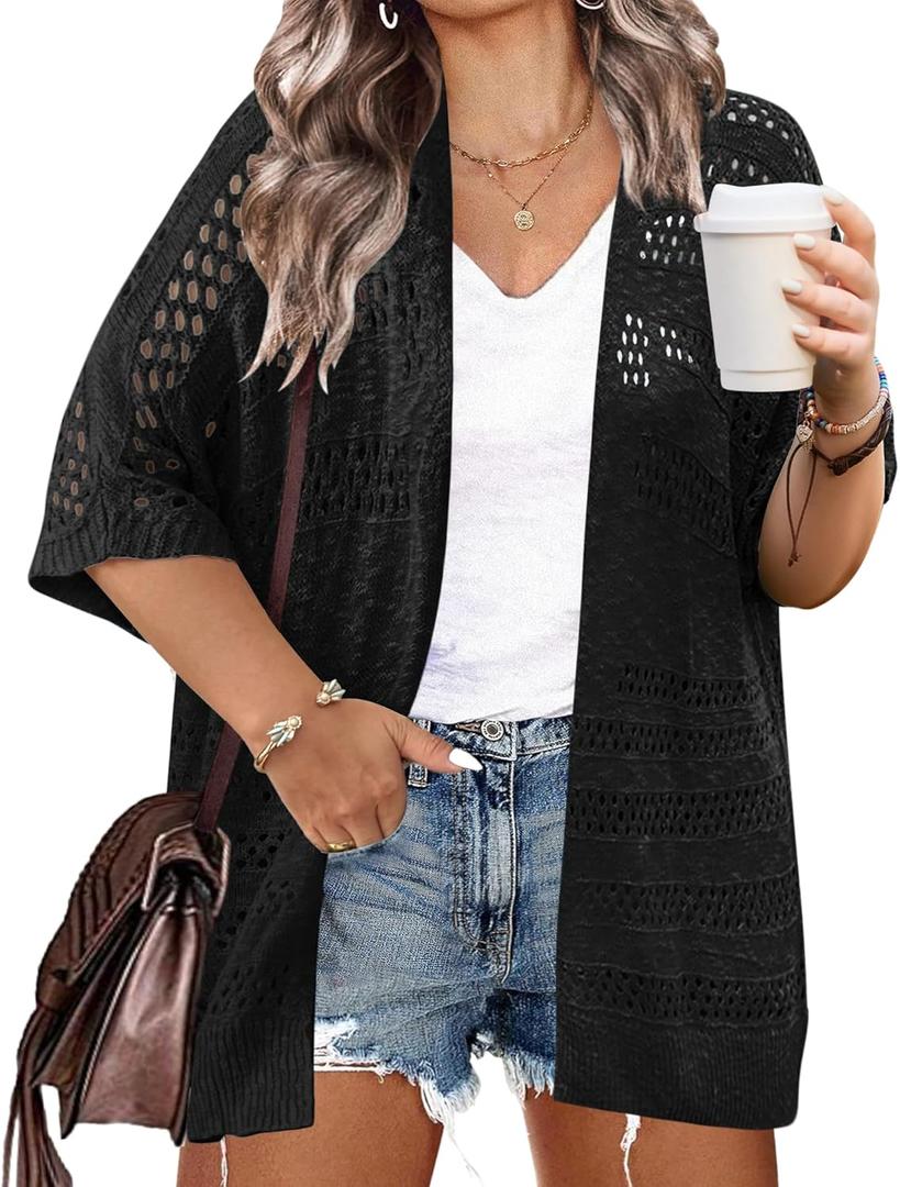 IN'VOLAND Plus Size Lightweight Crochet Cardigan for Women Short Sleeve Summer Kimonos Boho Open Front Knitted Cardigans (3X, Black)