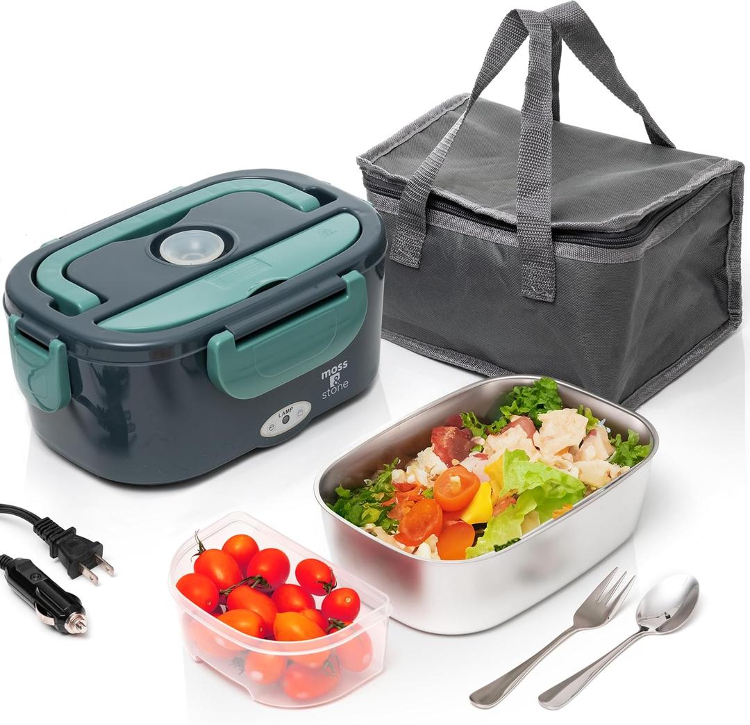 Moss & Stone Electric Lunch Box Food Heater for Adults Green & Gray Food Warmer Lunch Box, 12/24/110v Lunch Box Warmer Portable For Work/Car/Truck, Fork & Spoon & 1.5L Removable S.S Container