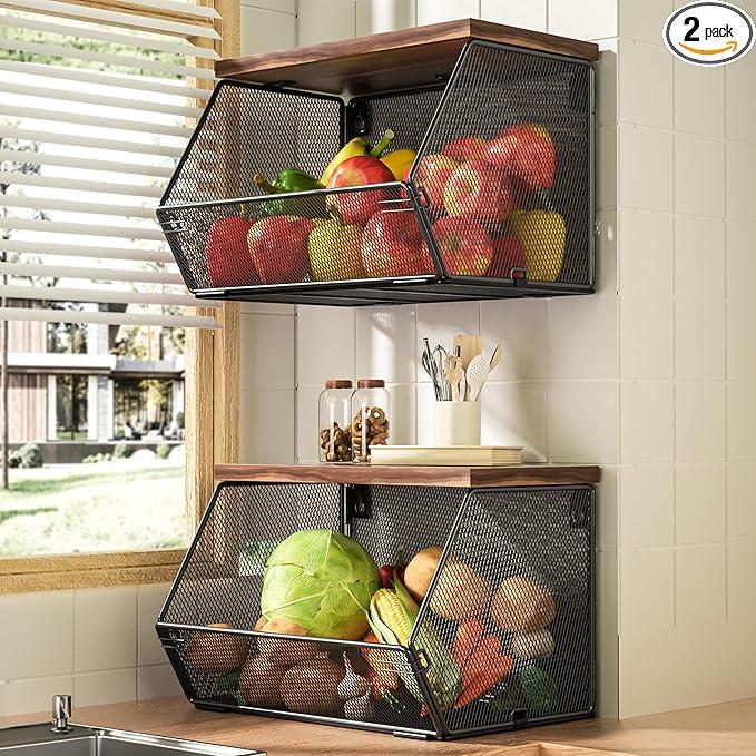 Stackable Fruit Basket for Kitchen Countertop Space Saving, Wall Mounted Mesh Metal Wire Baskets with Wood Lid Extra Storage, 2 Pack Kitchen Counter Organizer for Snack, Onion and Potato Storage