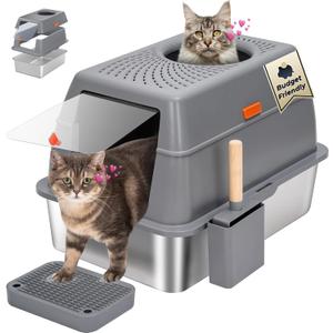 Stainless Steel Litter Box with Lid, SUS304 Metal Cat Litter Boxes, Enclosed Extra Large Kitty LitterBox High Wall, Jumbo Cat Toilet with Triple Pedal, Non-Sticky, Anti-Leakage (XL Grey)