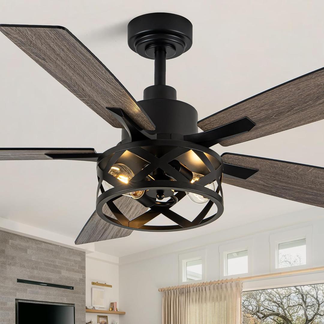 52 Inch Farmhouse Ceiling Fans with Lights and Remote Quiet and Reversible DC Motor Black Industrial Rustic Caged Ceiling Fan for Bedroom Living Room Covered Patio