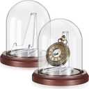 2 Pack Pocket Watch Glass Display Dome Clear Ornament Glass Cloche Display Dome Decorative with Acrylic Stand and Brown Wooden Base for Watch Medals Photos Antique, 4.33 x 3.15 inch