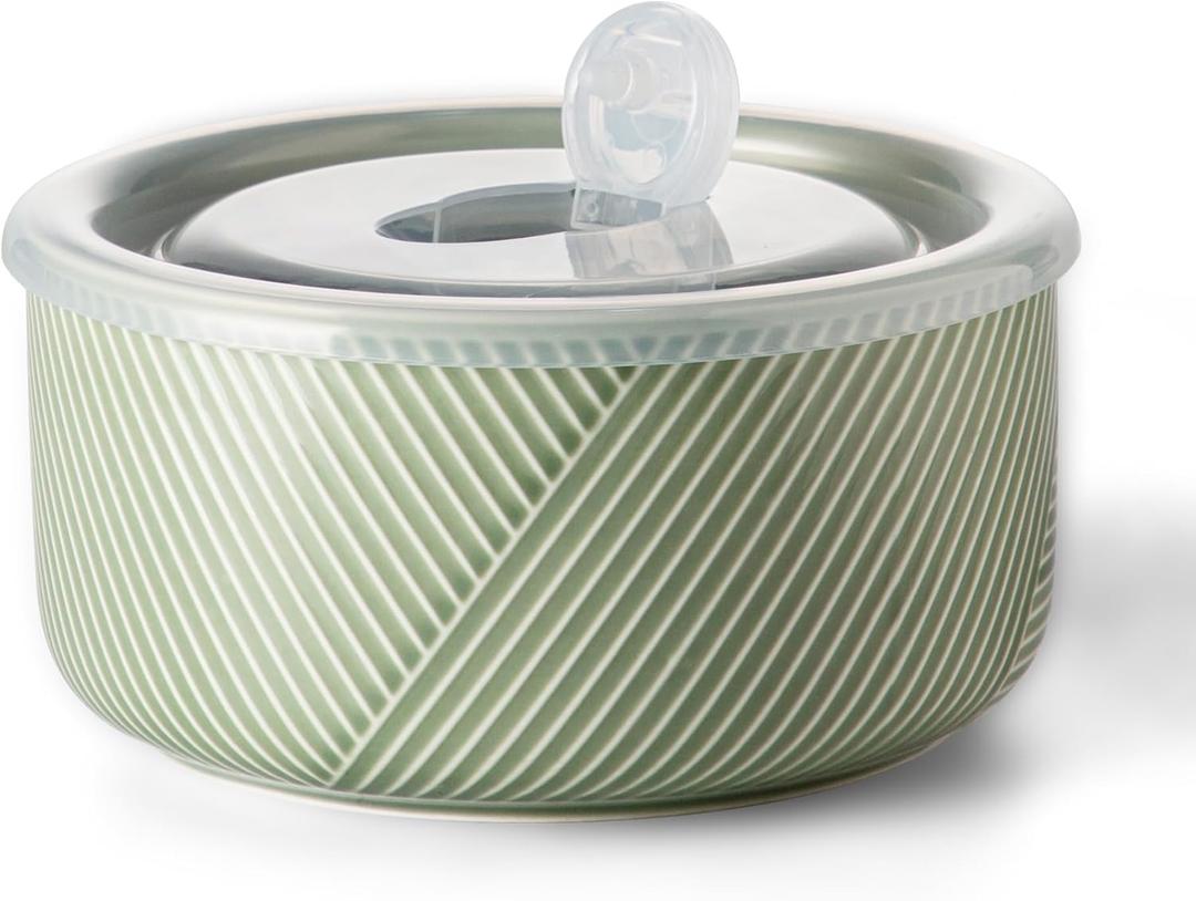 Large Ceramic Bowls with Lids: 32 oz Microwave Safe Food Storage Containers for Soup Salad Meal Prep Lunch Picnic Camping - 6 Inch, Set of 1 (Green)