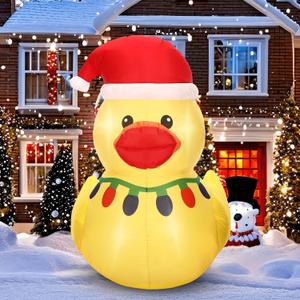 Leyndo 1 Set 5FT Christmas Inflatables Decoration Outdoor Inflatables Duck with Built-in LEDs Lights Giant Blow-up Duck Wear Classic Christmas Hat for Mall Garden Patio Lawn Indoor Party