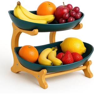 Fruit Bowl With Bamboo Wood Stand, Fruit&Vegetable Candy Dish Decor Basket for Kitchen CounterLarge Capacity Vegetable Storage Stand Snacks Rack Tray Plate Rack (2-Tier, Green)