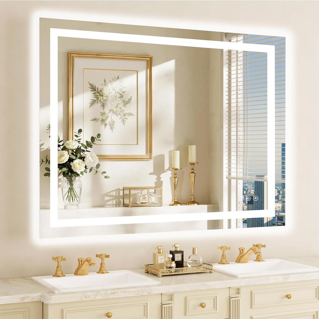 48X36 LED Bathroom Mirror with Lights, Anti-Fog, Dimmable, Backlit + Front Lit, 3 Colors, Modern Lighted Bathroom Vanity Mirror for Home/Hotel/Apartment, Memory Function, Shatterproof Tempered Glass