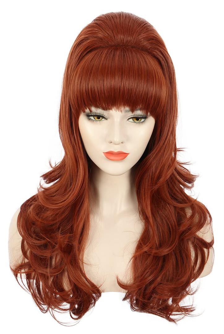 karlery Adult Women Long Wavy Ginger Auburn Wig 60s 70s Big Red Bouffant Beehive Wig for Halloween Themed Costume Party